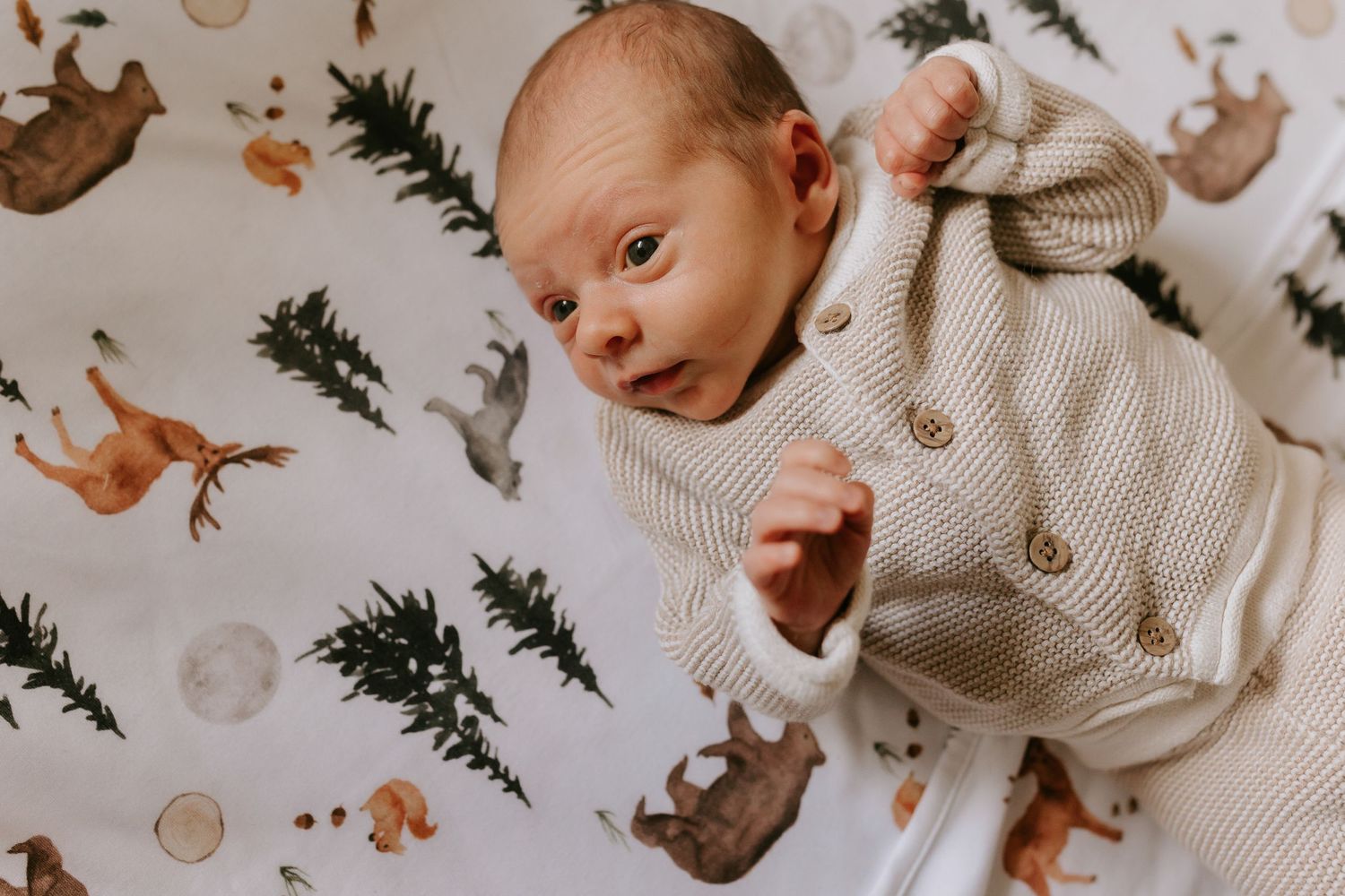White knit blanket with woodland animal print creating cozy nursery setting.