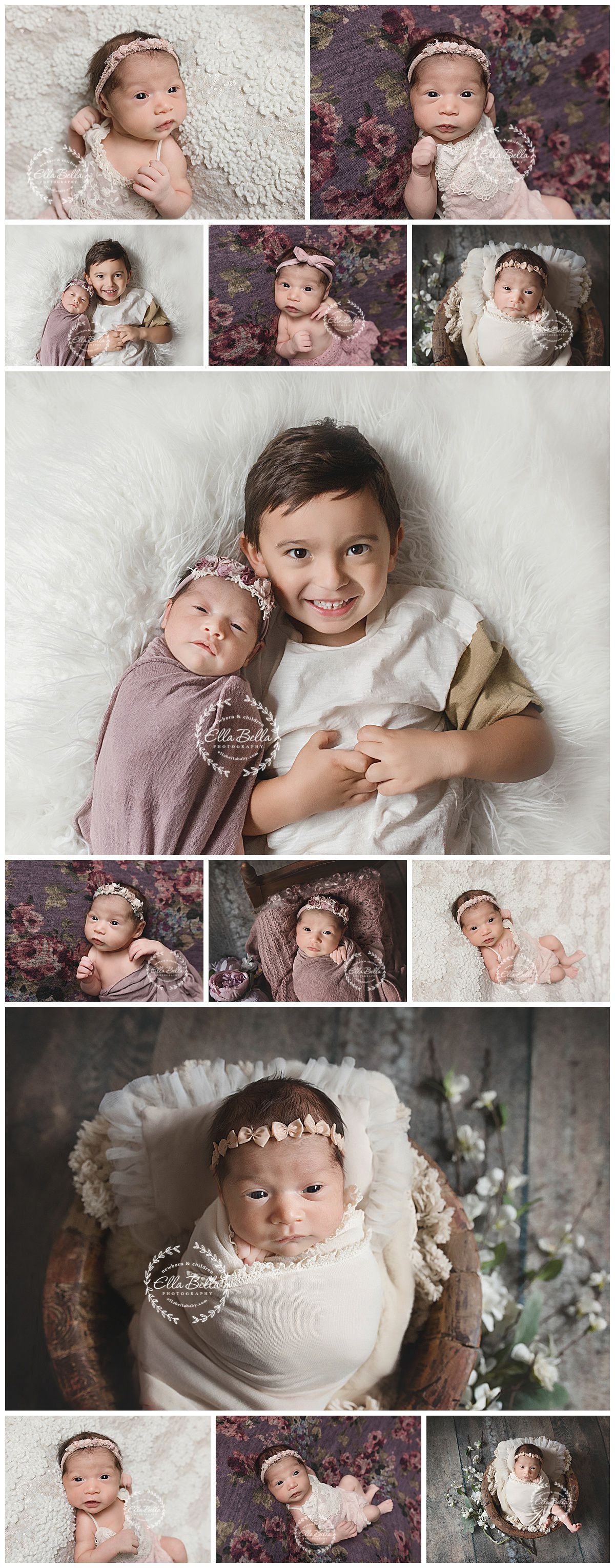 Collage of professional baby portraits featuring soft pink and white tones with various poses.