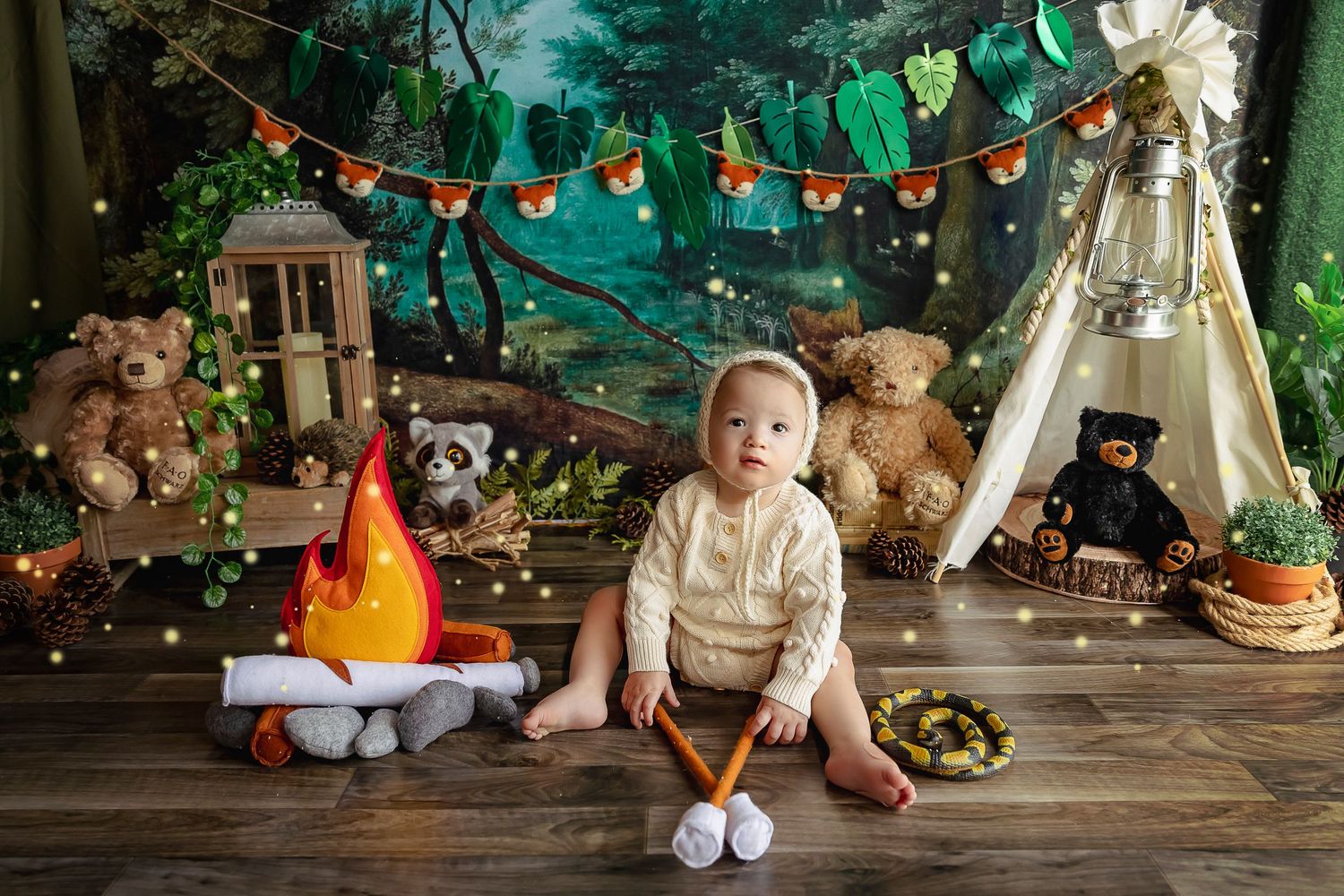 fotografa de bebes en ponce sesion cake smash tema bosque con teepee y ositos