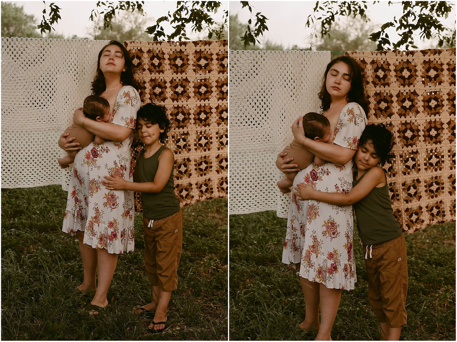 Two side-by-side images of a family embracing outdoors against a decorative backdrop.
