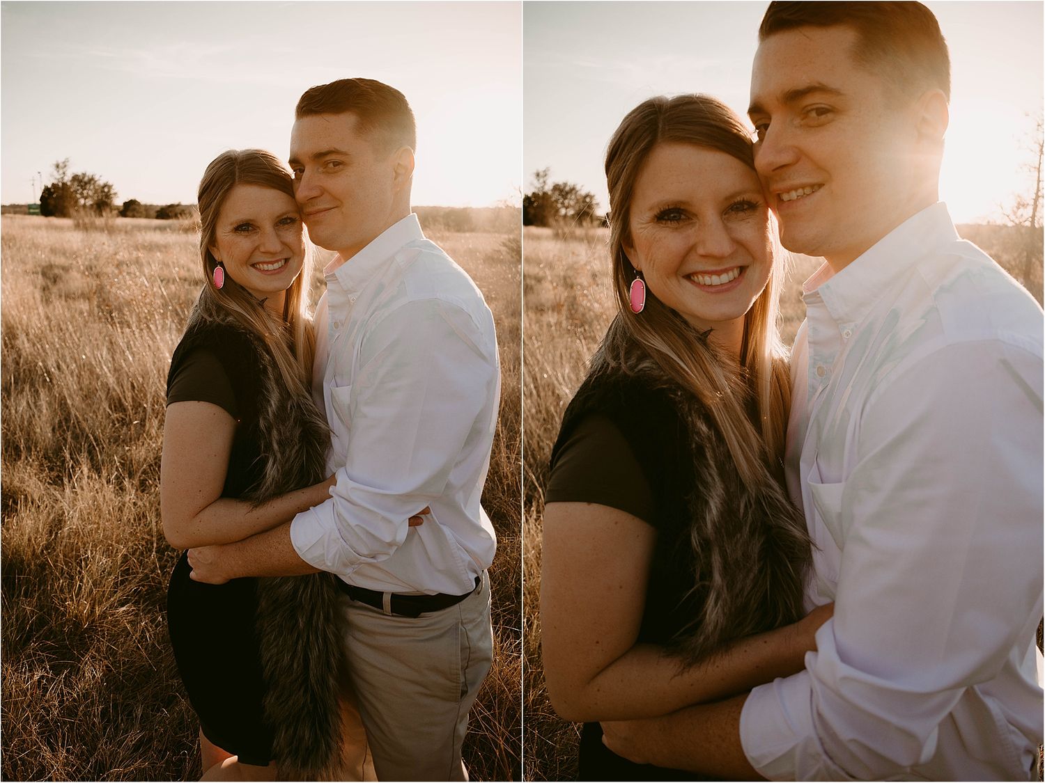 Intimate couple portrait session in field during golden hour sunset.