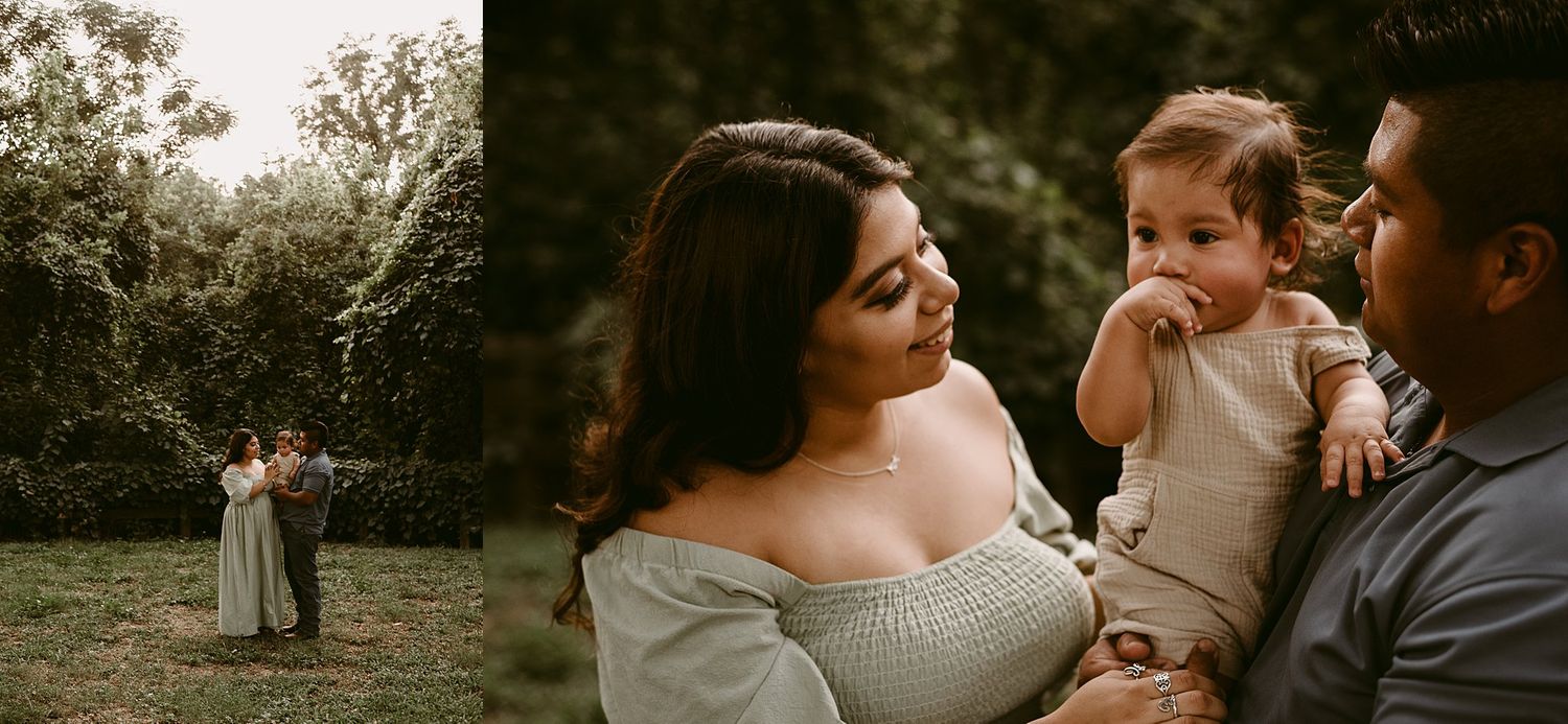 Split-frame family portrait showing intimate moment and full scene in garden setting.