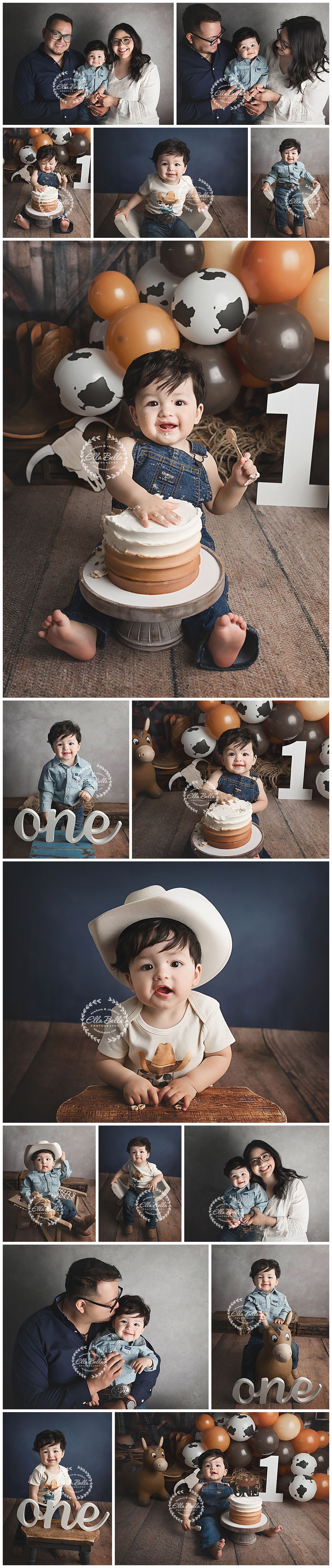 Rustic cowboy themed first birthday photo collection with brown and white balloon decorations.
