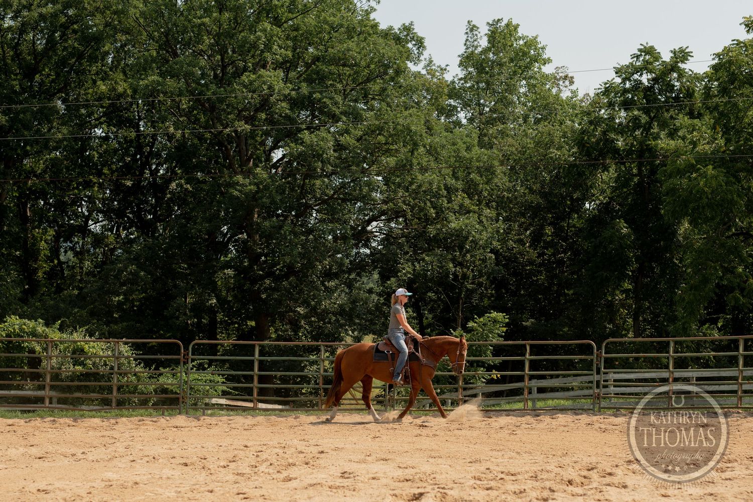 Horse and rider practicing in sandy arena surrounded by metal fencing and trees.