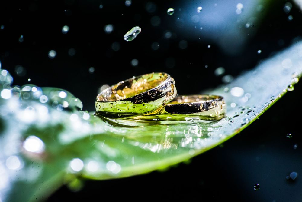 Close-up macro photography of water droplets on a reflective surface with bokeh effects.