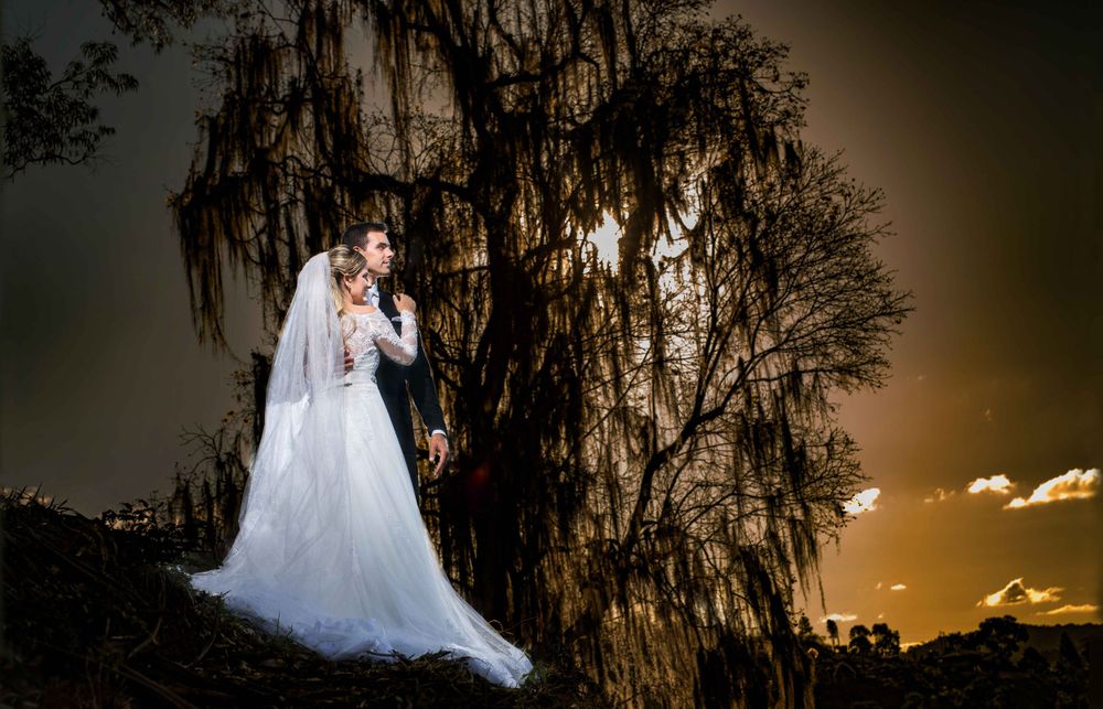Dramatic sunset wedding portrait with Spanish moss trees creating a romantic silhouette.
