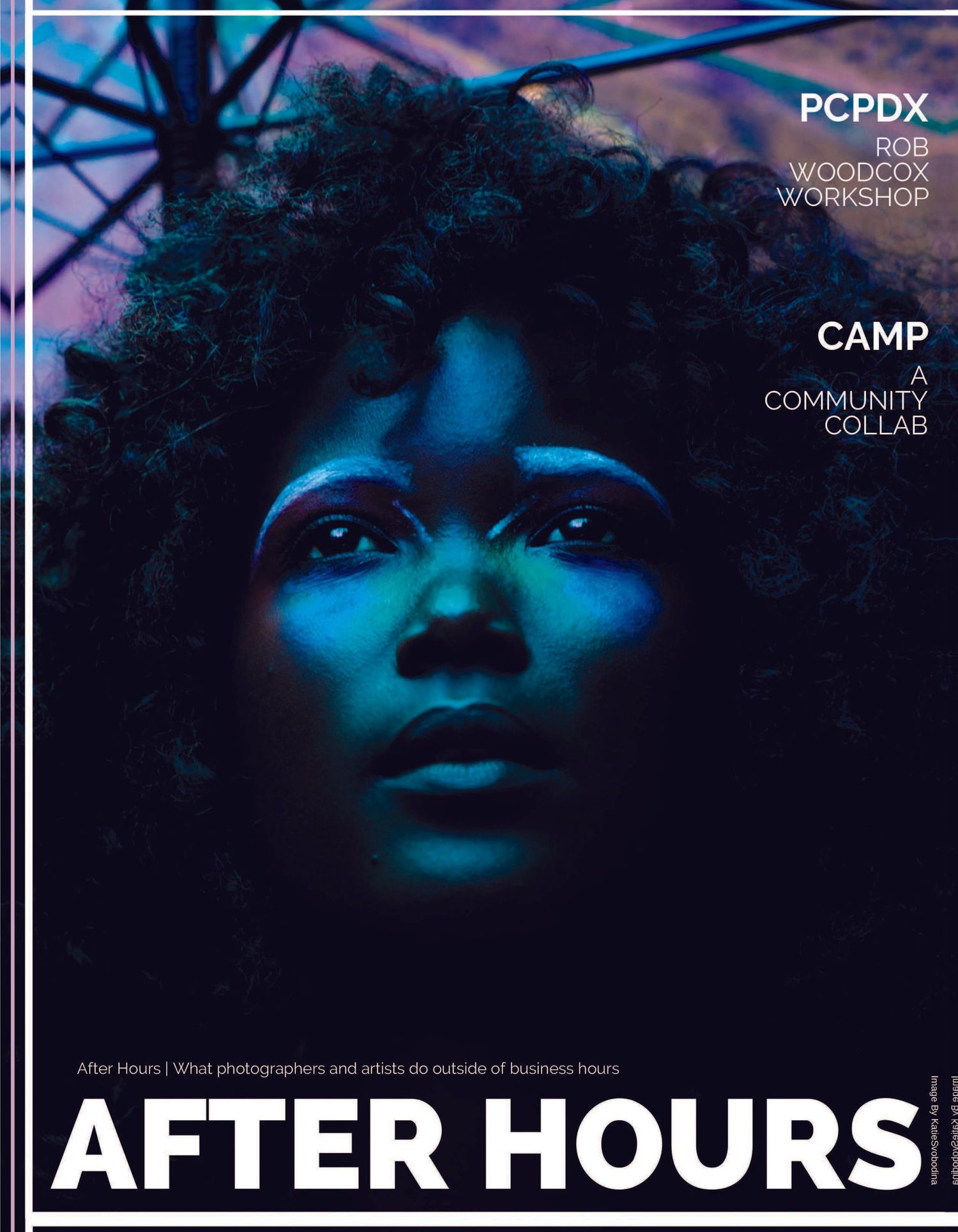 Poppn Magazine pages of published photography work, female portrait with a blue tint.