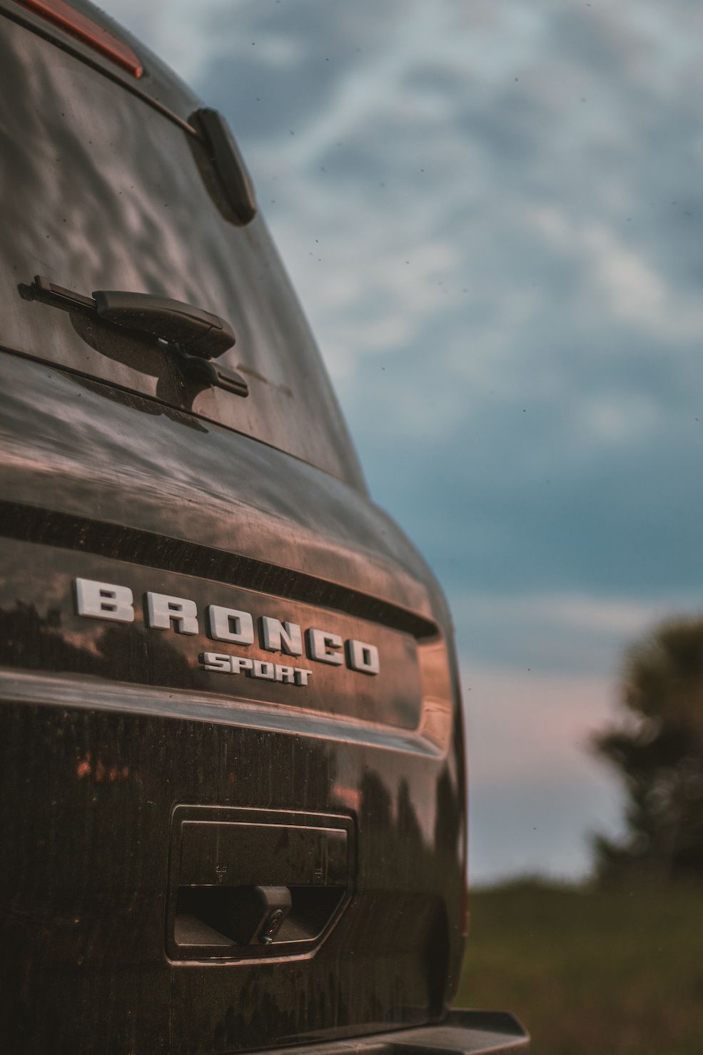 Close-up of Ford Bronco Sport badge on the rear door of an SUV.