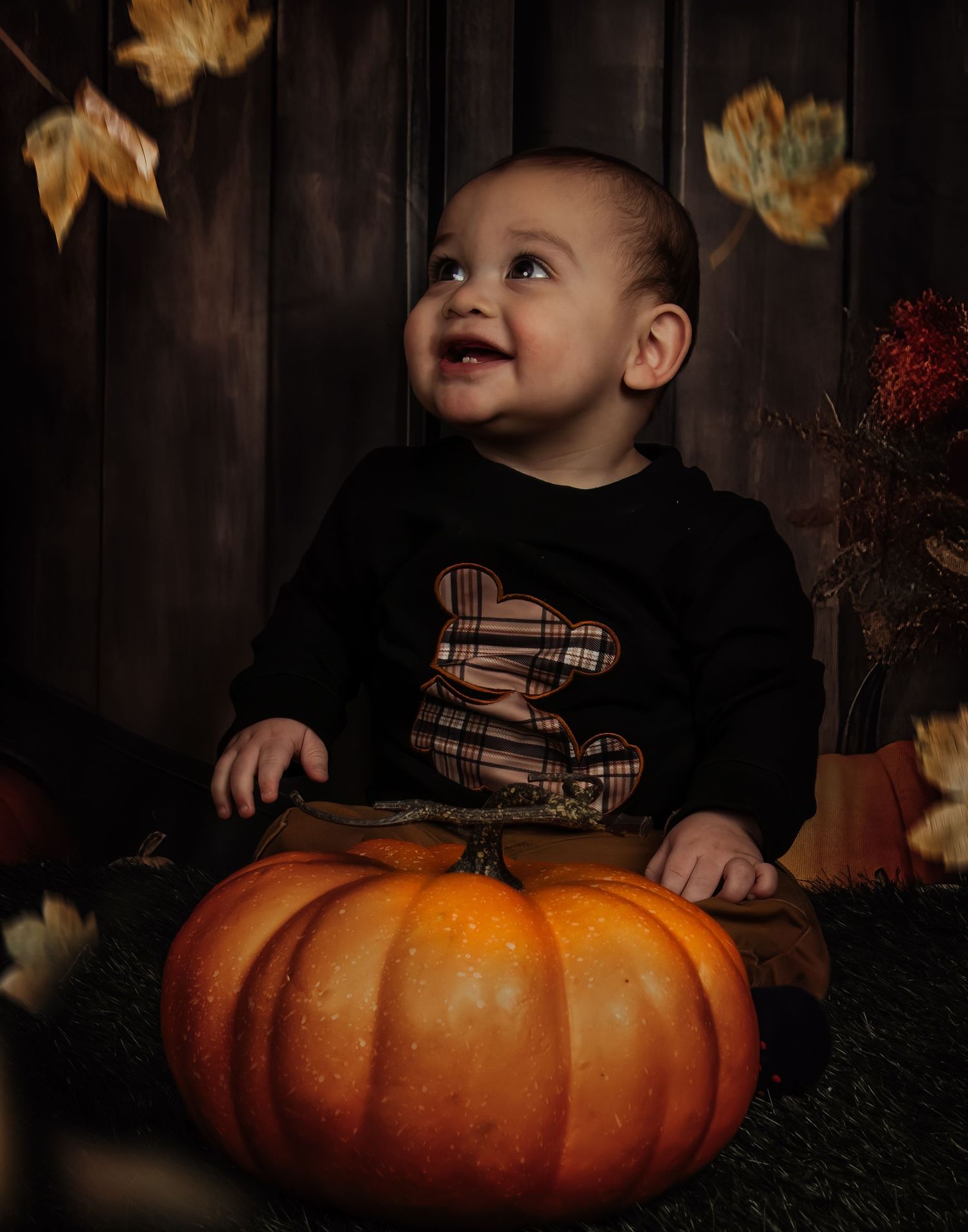 An autumn themed portrait with a large orange pumpkin against a wooden backdrop with falling leaves.