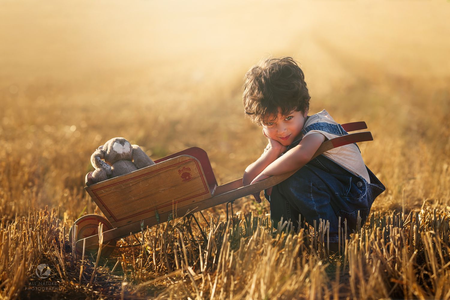 Child playing with toy wagon in golden sunlit field during sunset.