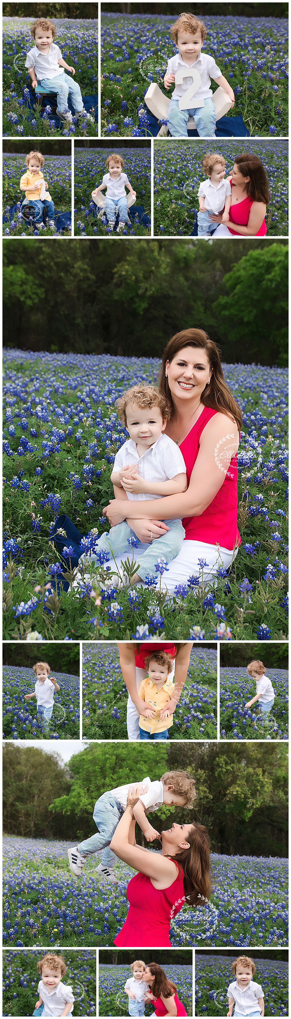 Mother and child portrait session in field of Texas bluebonnets with playful poses.