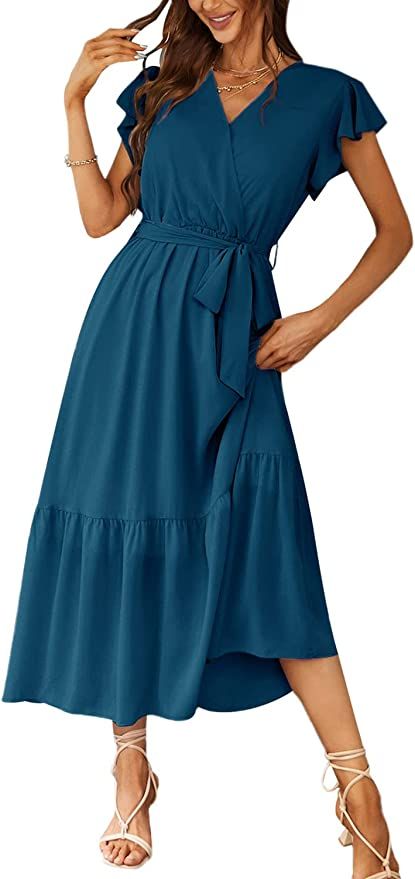 Wrap V Neck Ruffle Sleeve Tiered Midi Dress Tie Waist A Line Long Beach Dress