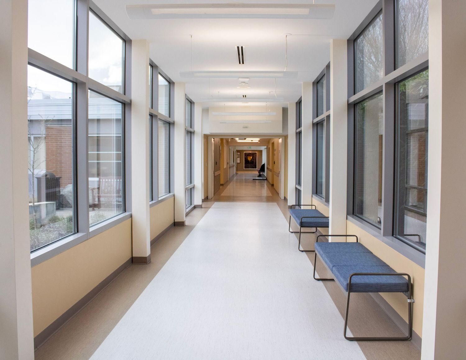 Long hospital corridor with windows, benches and natural light streaming in.
