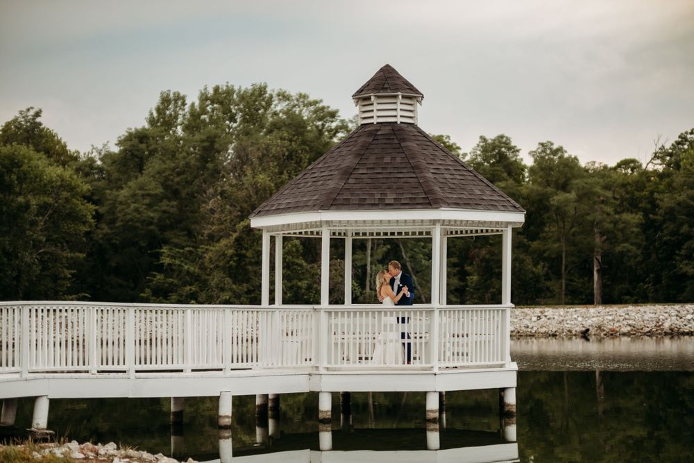 Bride and groom dance during sunset at wedding in Kansas City, Missouri.