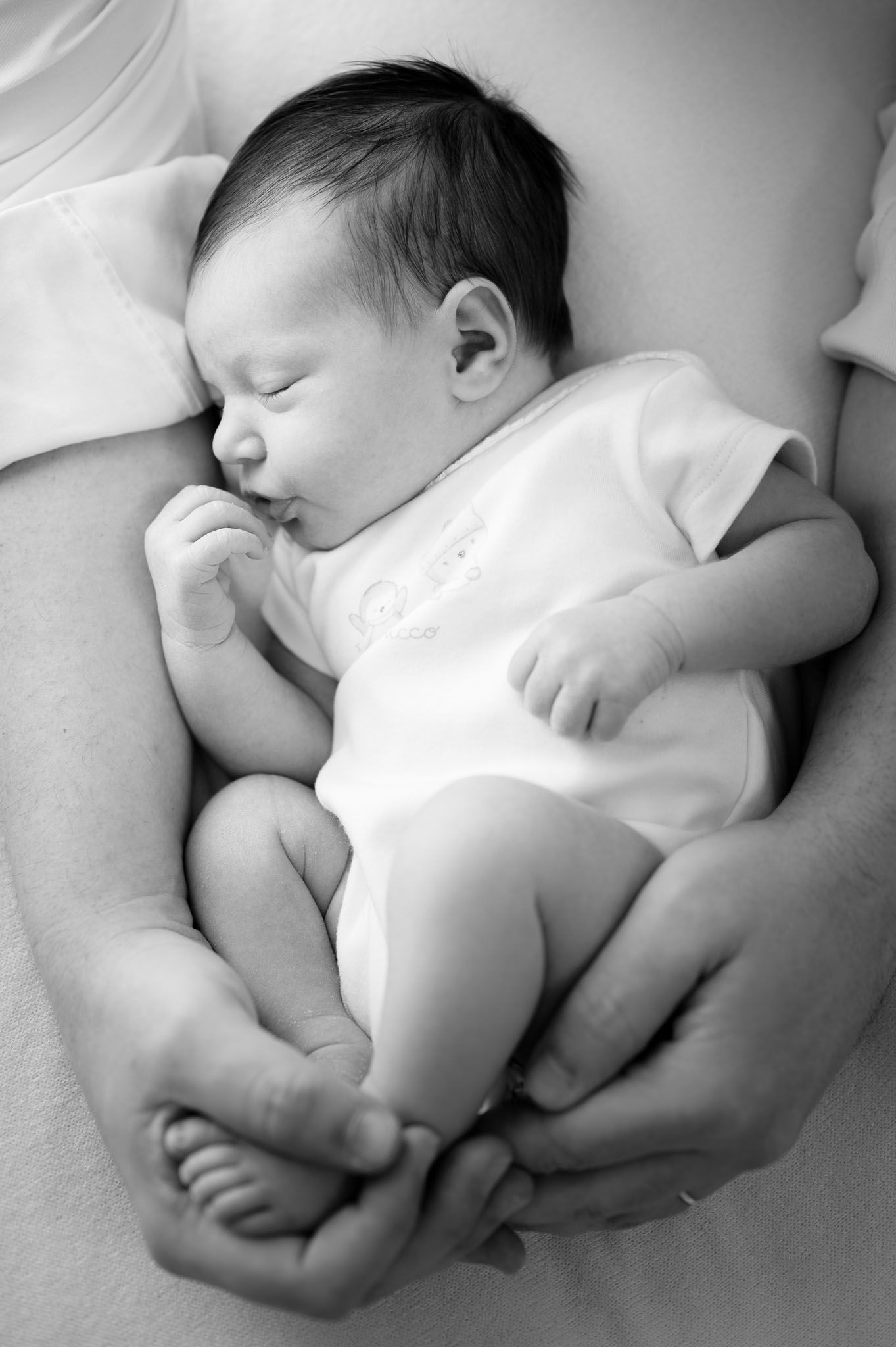 Black and white portrait of sleeping newborn baby cradled in protective hands.