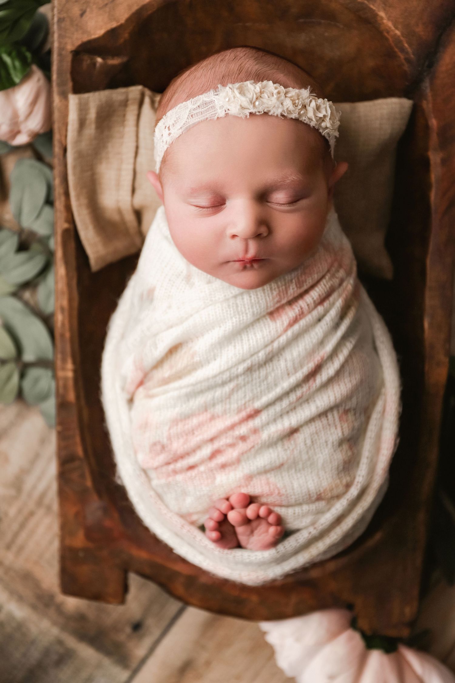 fine art portrait of newborn baby girl in prop