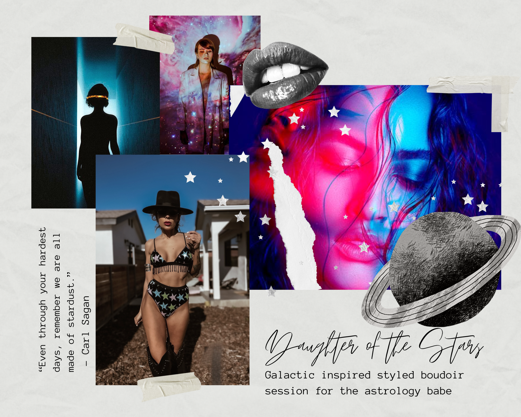 Artistic collage featuring silhouettes and portraits with cosmic and celestial elements.