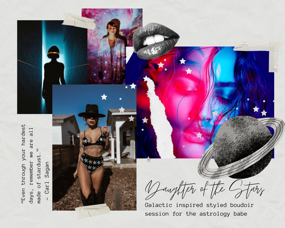 Artistic collage featuring silhouettes and portraits with cosmic and celestial elements.