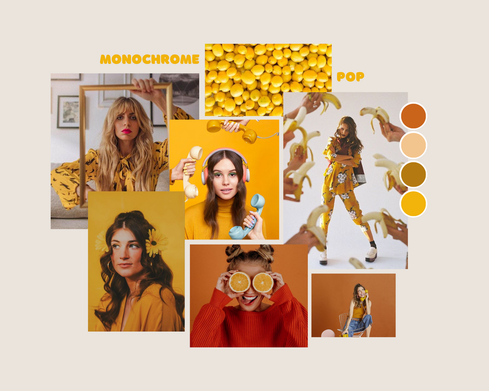 Yellow and orange mood board collage featuring fashion and lifestyle images.