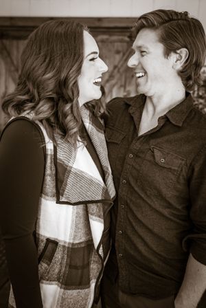Black and white portraits capture tender moments between a couple in casual attire.
