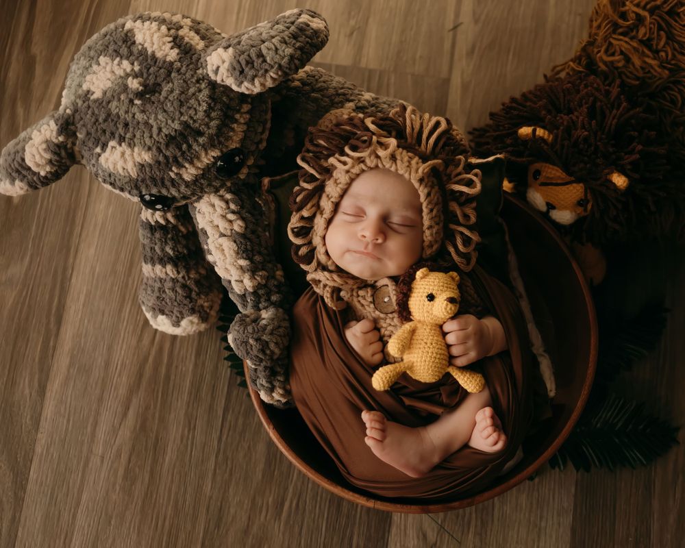 Newborn photography featuring a cozy brown setup with plush stuffed animals and soft textural elements.