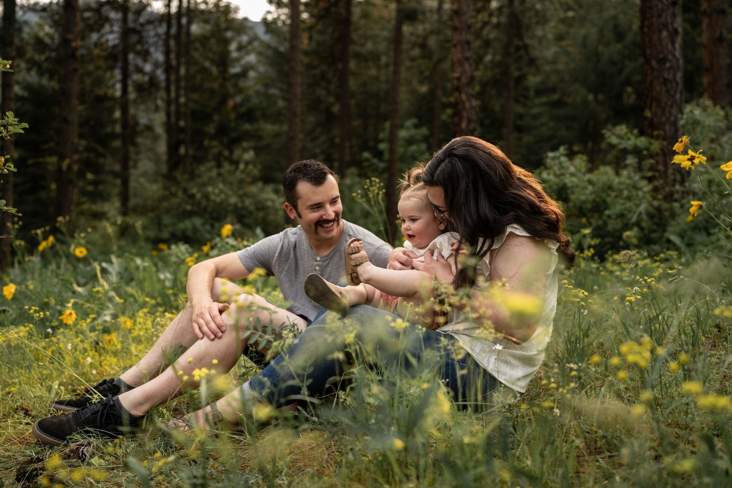 A playful group moment captured in a wildflower meadow surrounded by tall pine trees.