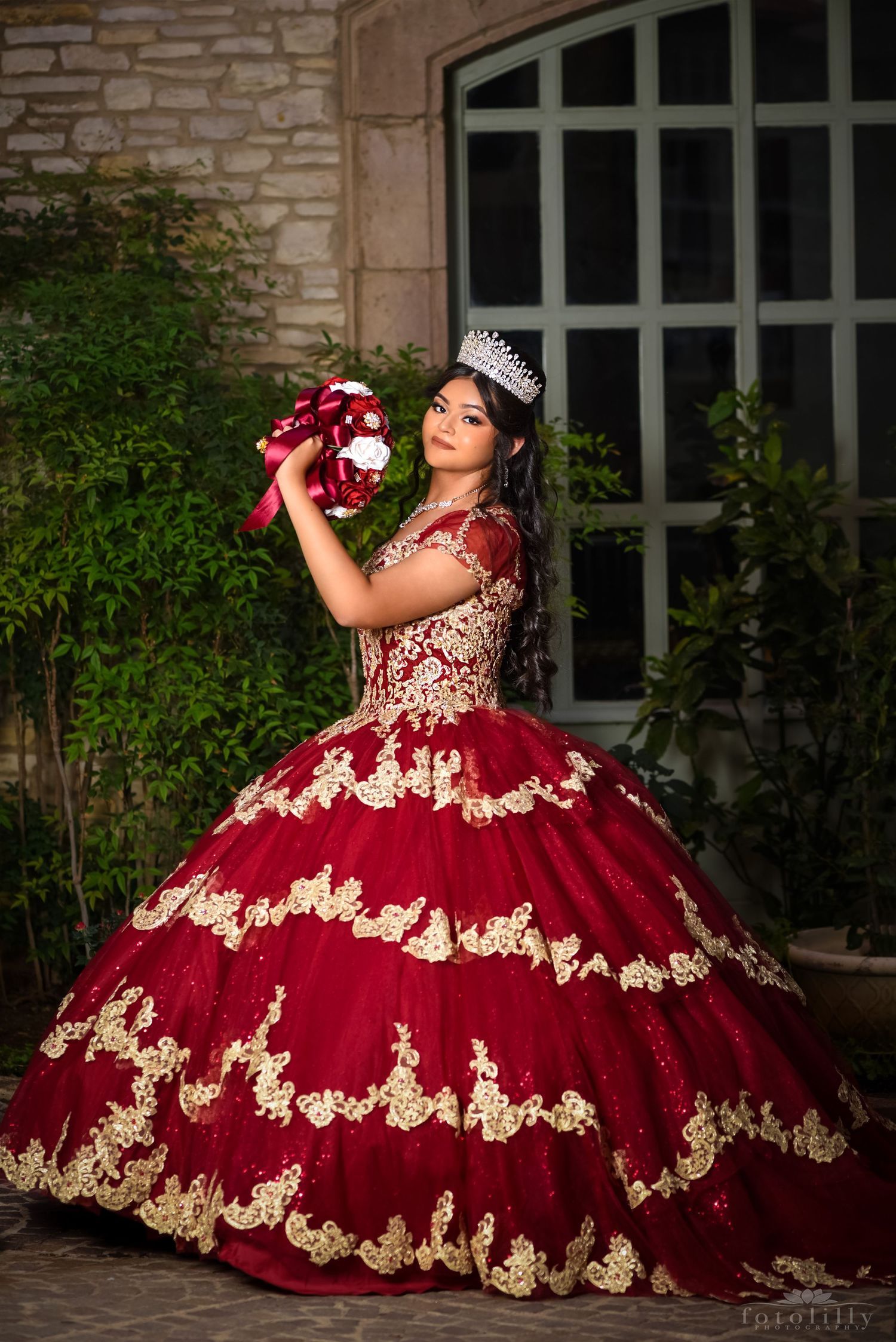 quinceanera photography session in red and gold dress fort worth dallas texas fotolilly photography