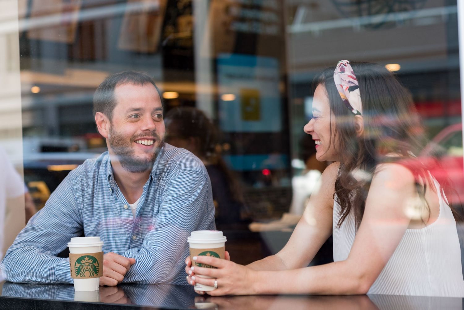 Engagement portraits at Starbucks in Manhattan NYC destination engagement photos Leah Ramuglia Photography