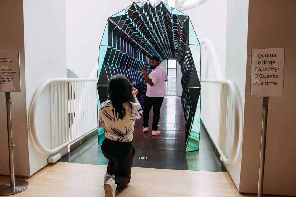 Proposal in front of one way color tunnel at SFMoMA.