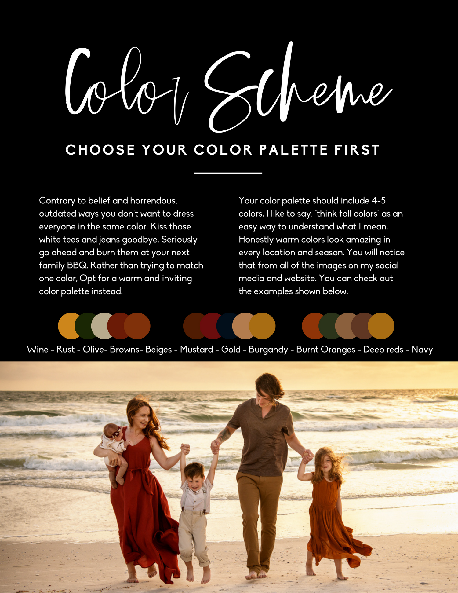 Family photography color scheme guide showing warm fall palette with wine, rust, olive, and gold tones.