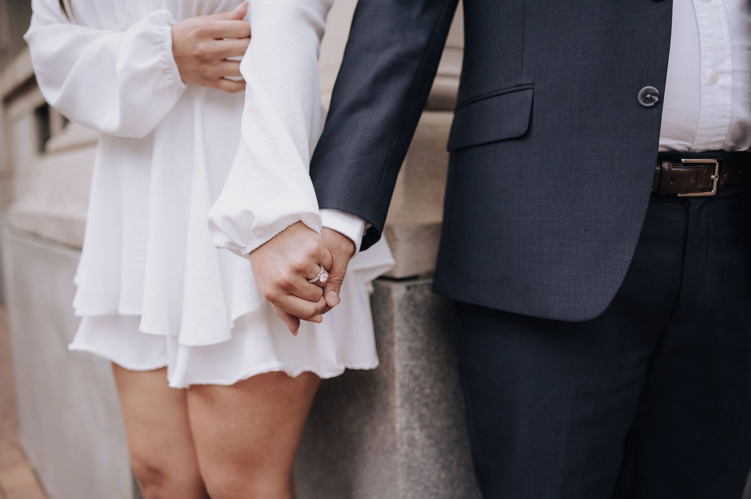 Couple's engagement photo of the large diamond ring.