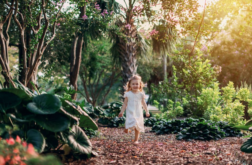 Sunlit garden path with lush greenery and white dress.