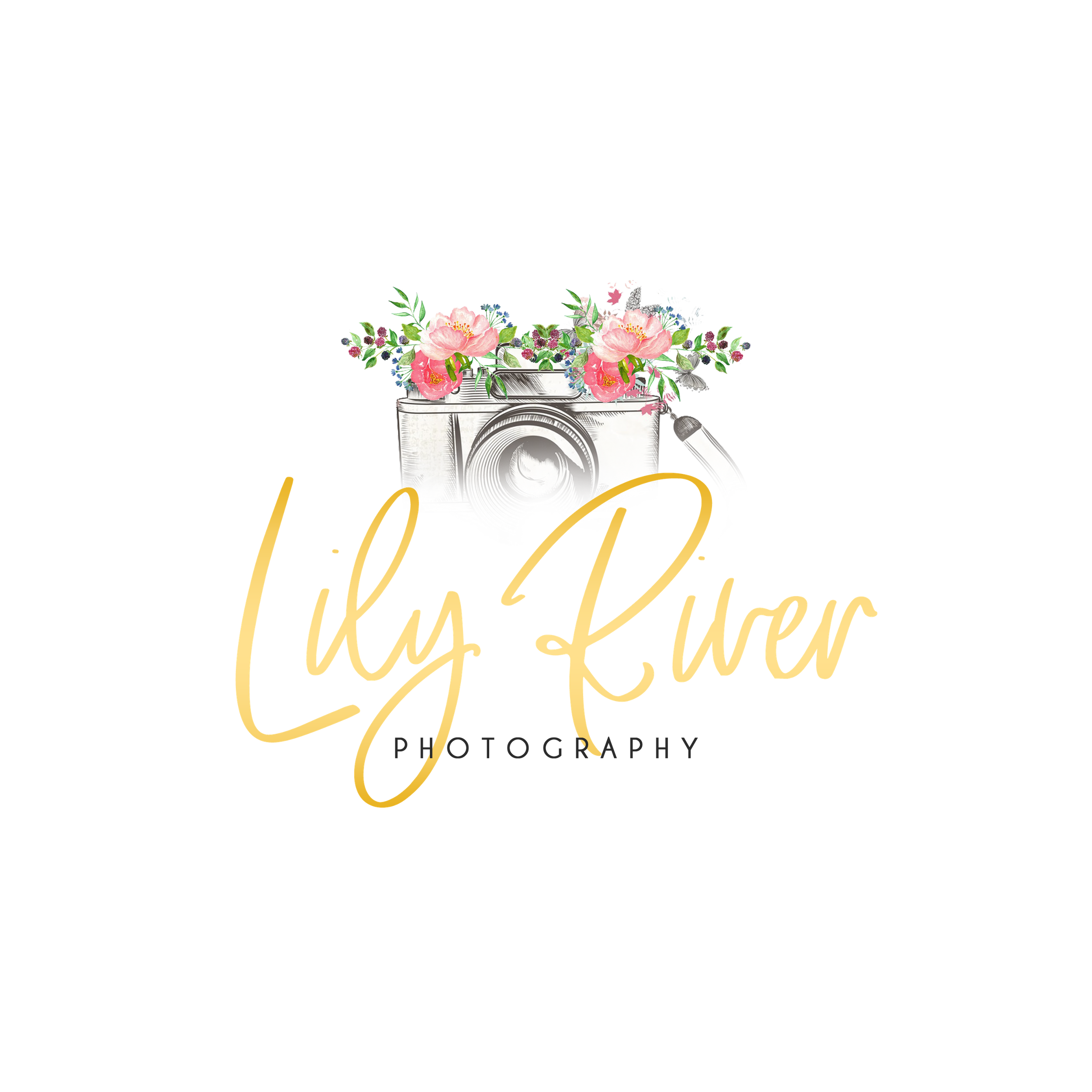 Lily River Photography logo featuring watercolor camera with pink floral arrangement and gold script.