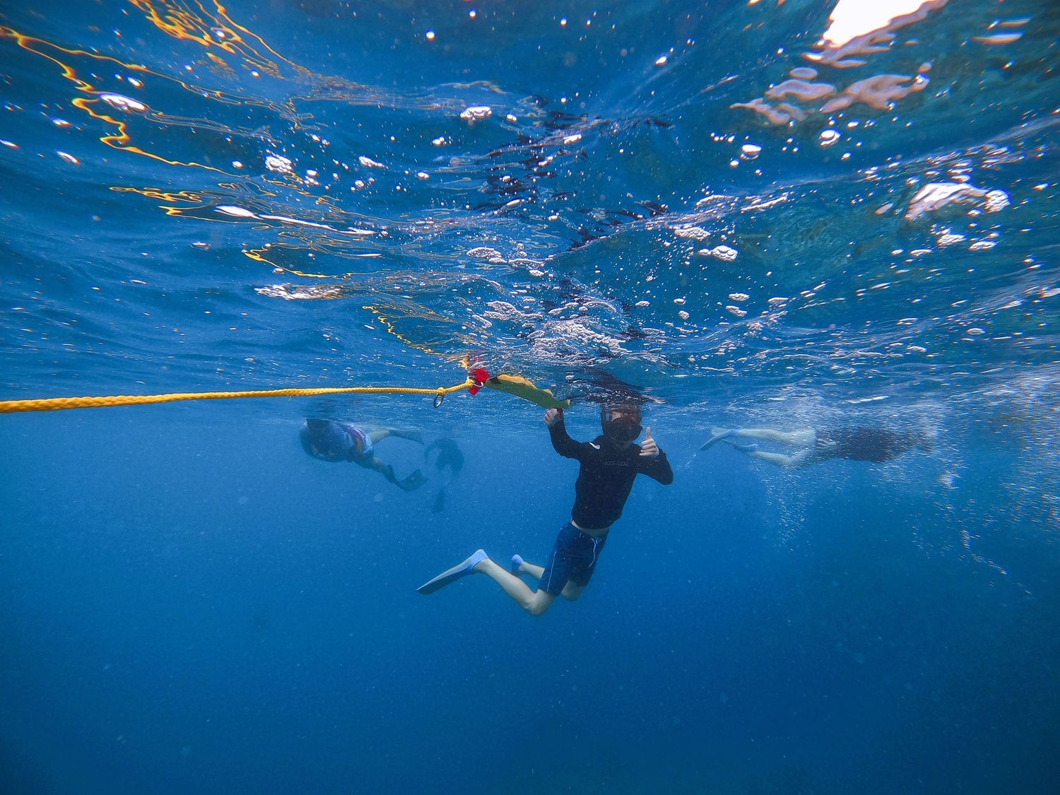 Snorkelers hold safety line while swimming in clear blue ocean waters.