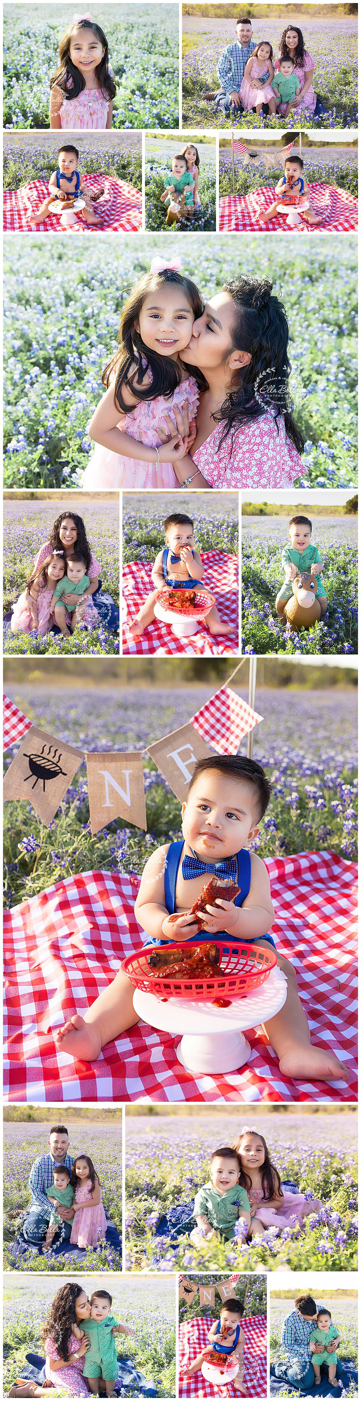 Family photo session in bluebonnet field with red checkered picnic blanket and casual outfits.