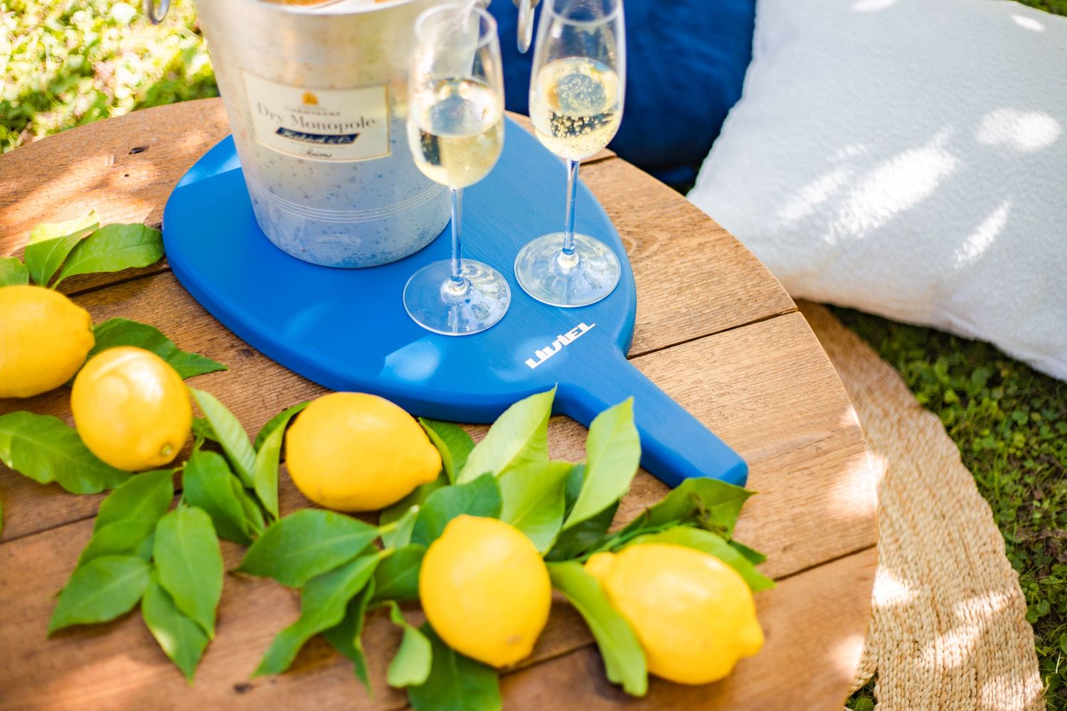 Elegant outdoor picnic setup with champagne glasses, wine bucket, and fresh lemons on a rustic wooden table.