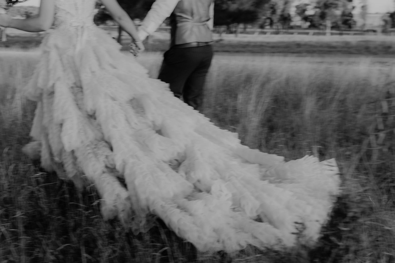 Black and white image shows flowing train of wedding dress in grass.