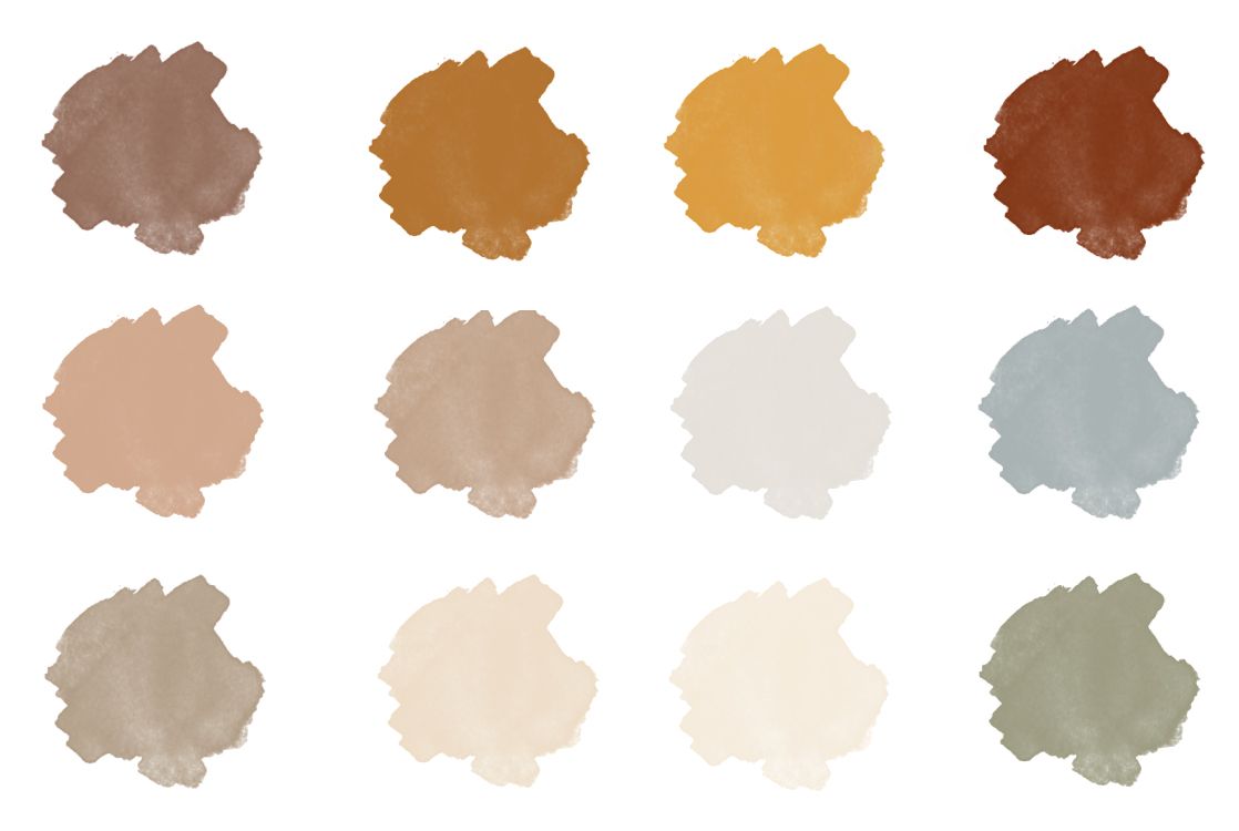 Color palette of warm earth tones and neutral shades in watercolor splotches.