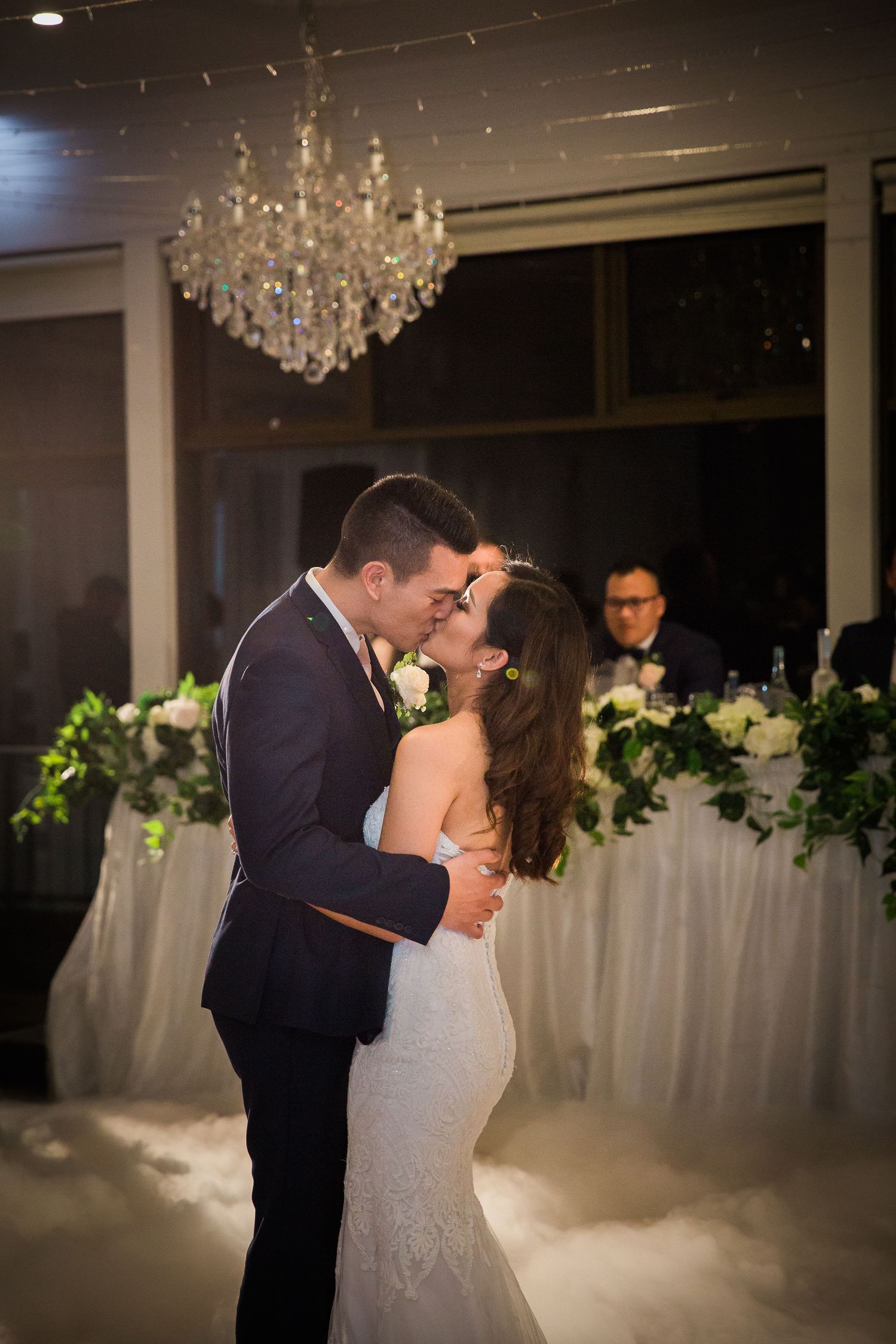 Bride and groom first dance kiss at Panorama House Reception