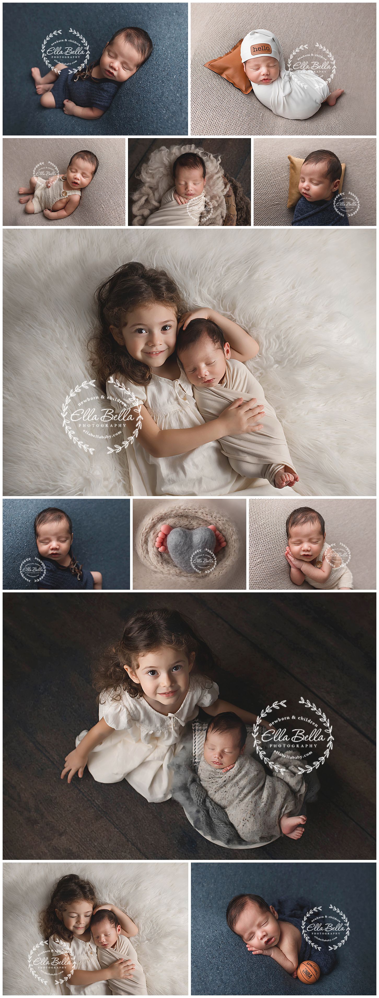 Professional photo collage showing newborn baby portraits and sibling poses in studio setting.