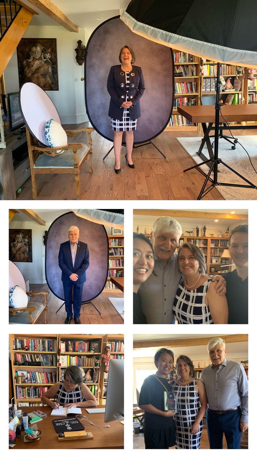 Collection of professional photo shoot behind-the-scenes images in a home library setting.