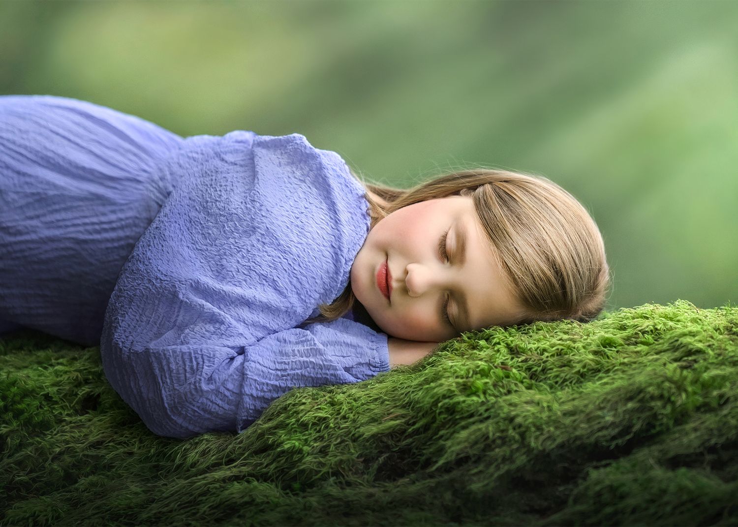 Dreamy fairy forest-inspired portrait of girl in purple dress resting on mossy surface.