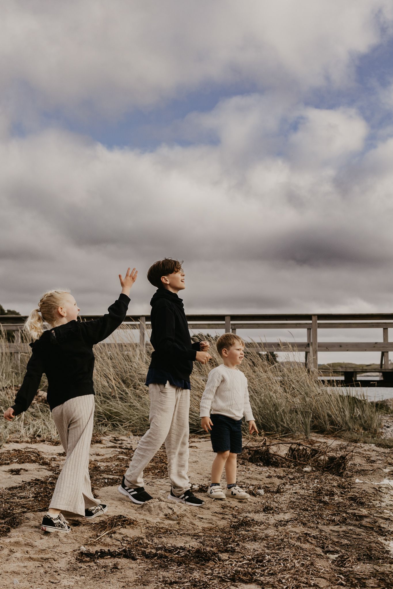 Three children standing on coastal path looking at dramatic cloudy sky.