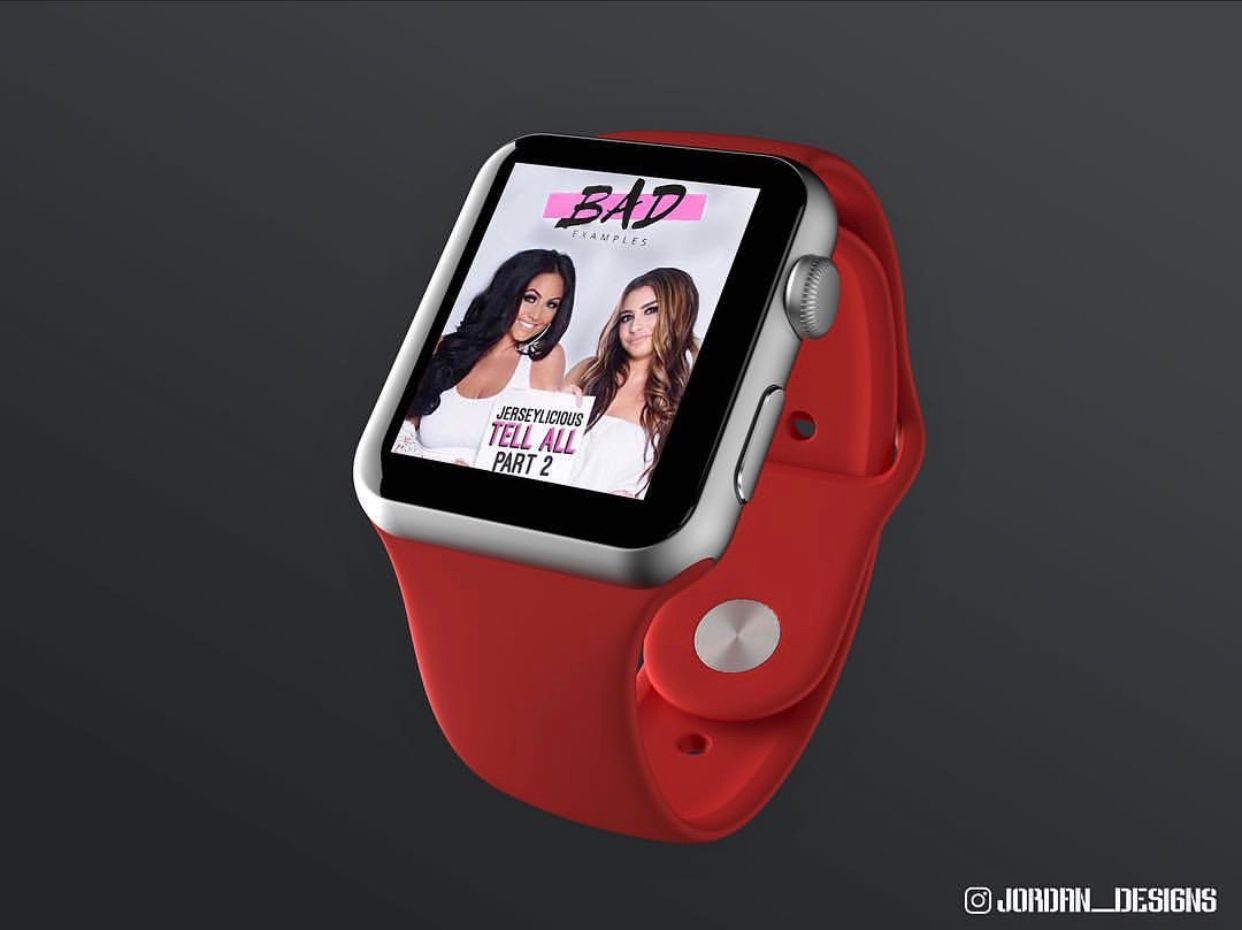 Red Apple Watch mockups displaying different screen interfaces against a dark background.