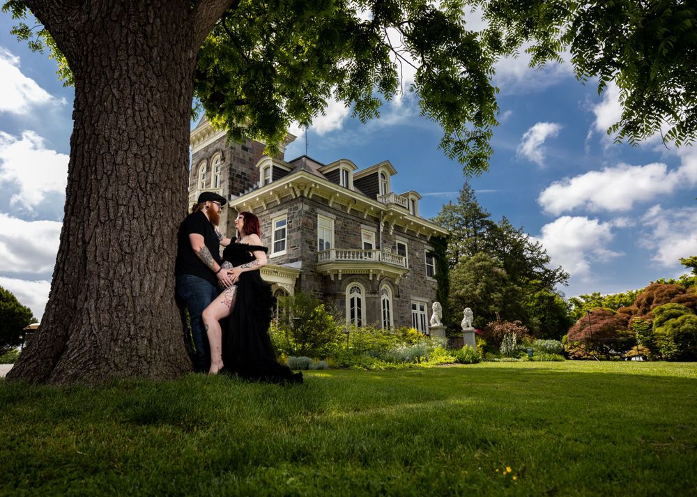 Elegant manor house serves as backdrop for romantic photoshoot under tree.