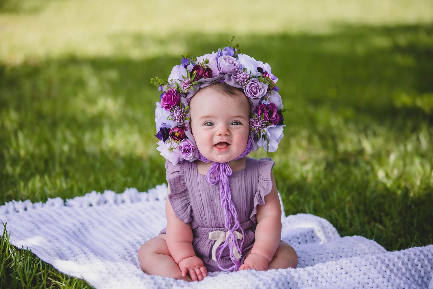Tampa Baby Photographer- Baby in purple flower bonnet