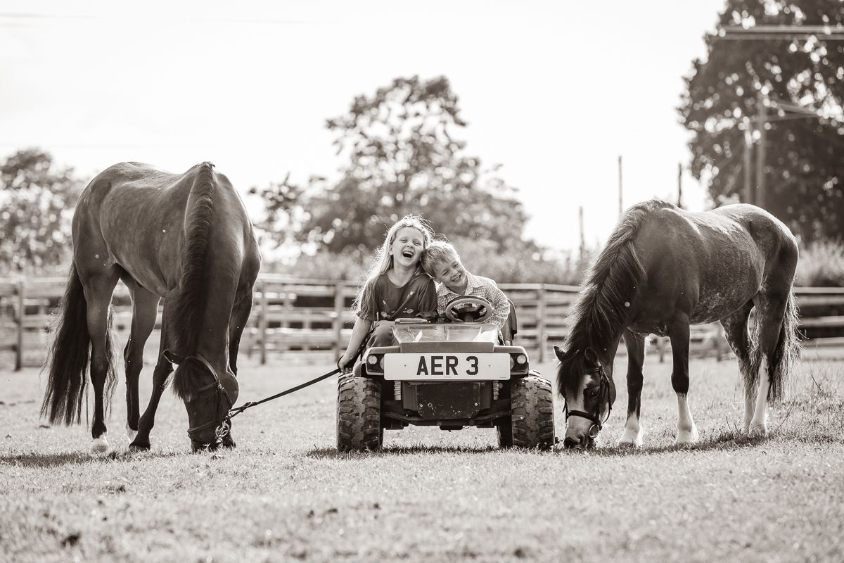 Two horses grazing in a field while someone rides an ATV between them.