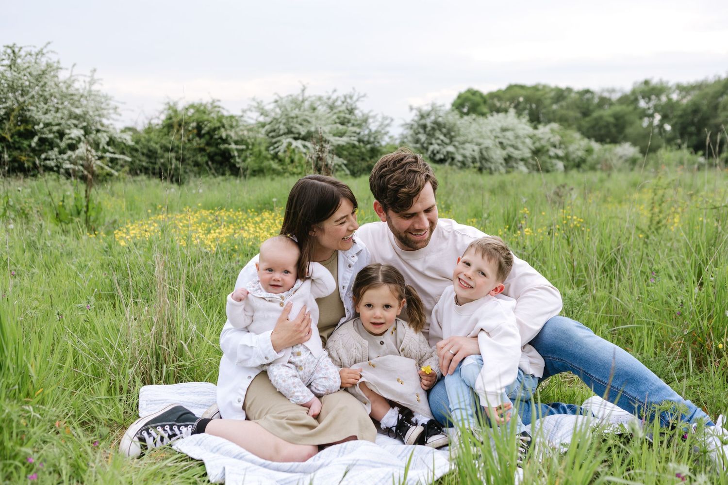 Family enjoying a picnic together on a blanket in a sunny meadow with wildflowers.