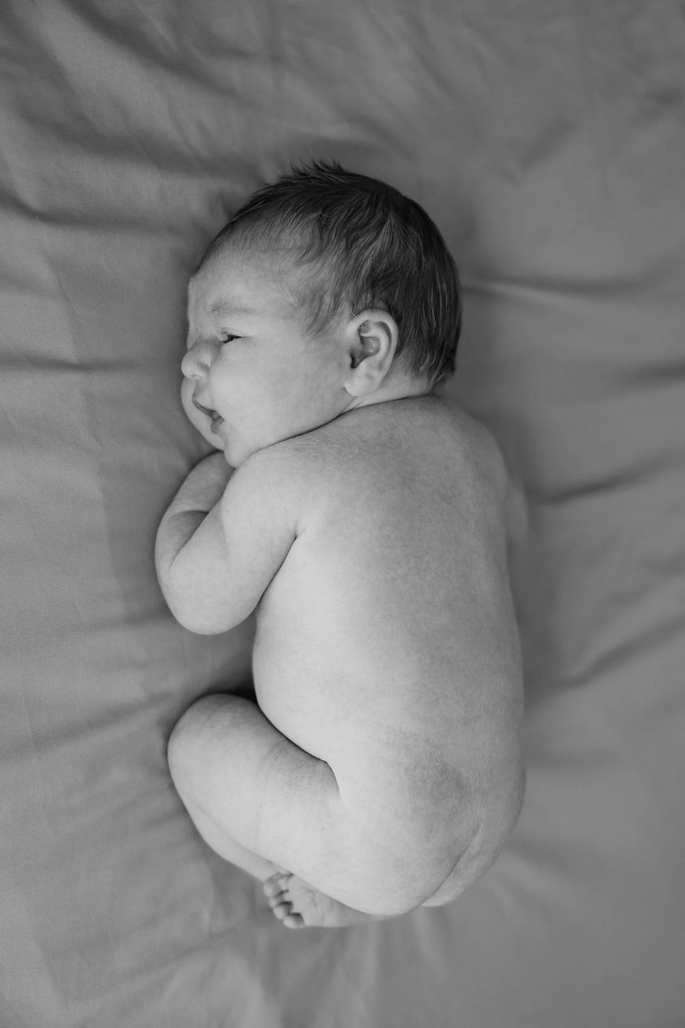 Five black and white photos show a sleeping newborn baby curled up peacefully on soft bedding.