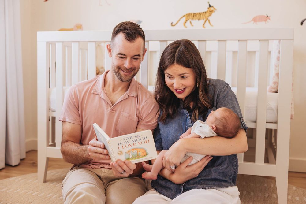 Collage of family spending quality time together while reading on bed and sitting on stairs.